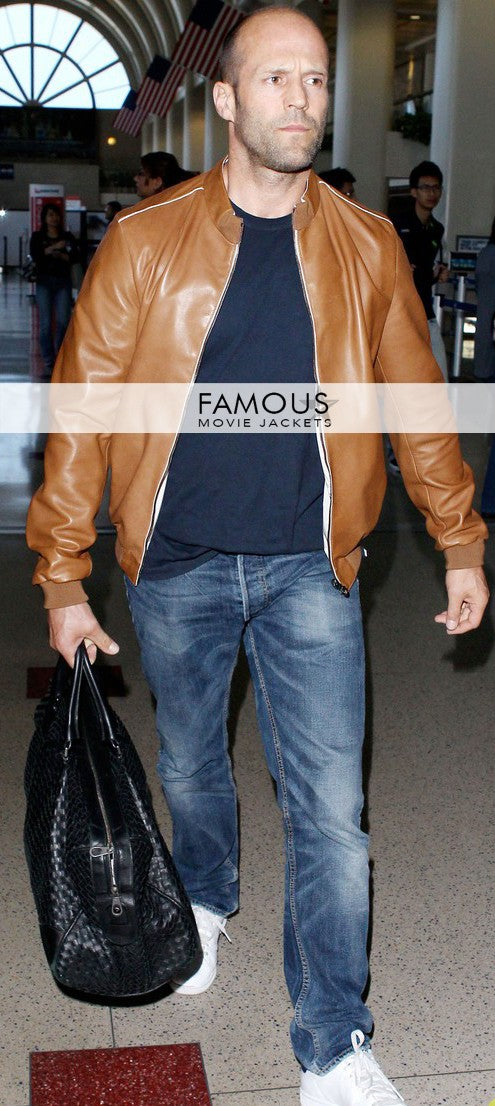 Jason Statham Brown Bomber Stripes Leather Jacket