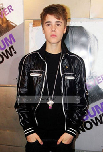 Justin Bieber Greets the Press Black Leather Jacket