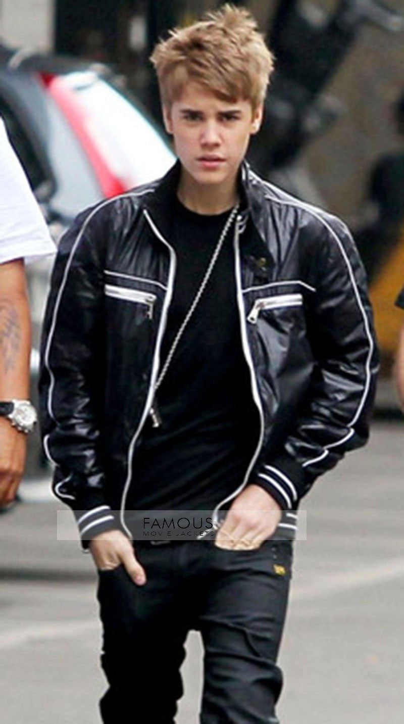 Justin Bieber Greets the Press Black Leather Jacket