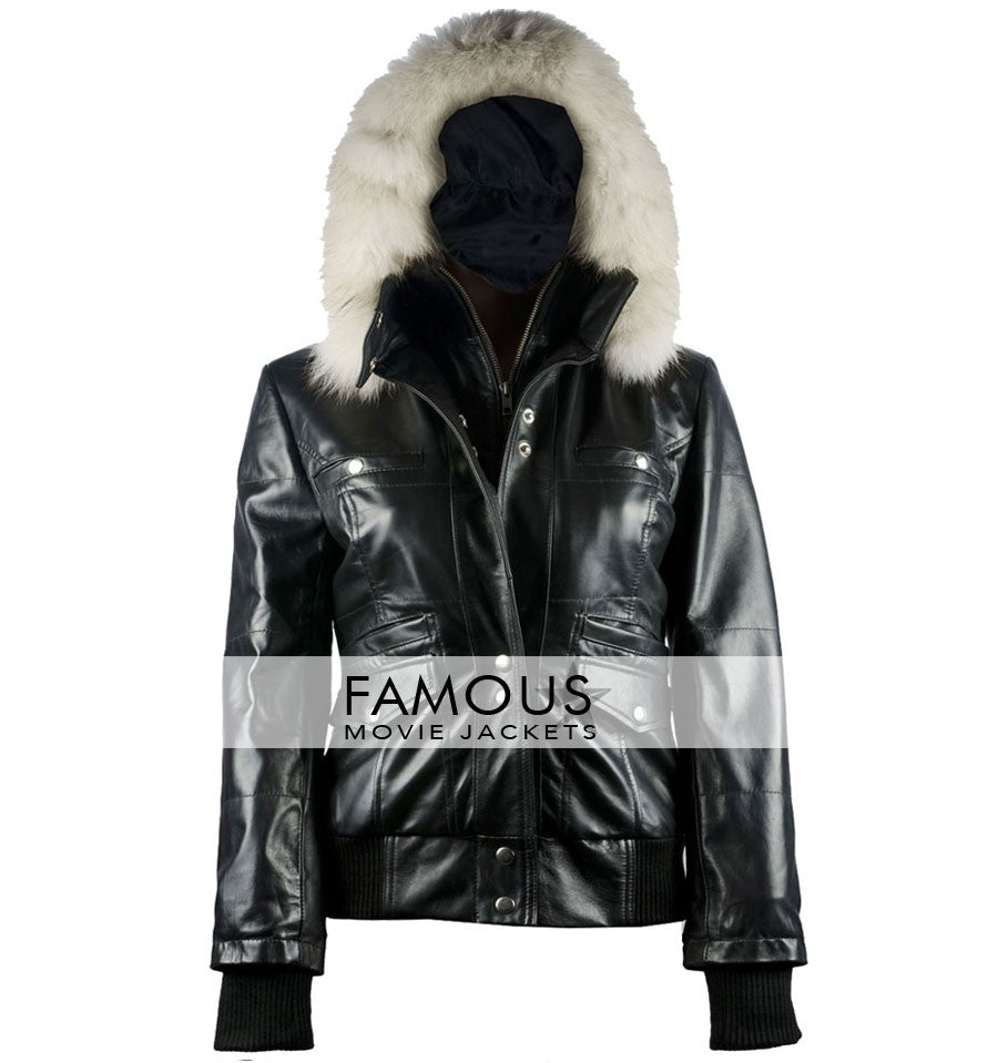 Women Black Bomber Hoodie Fur Jacket