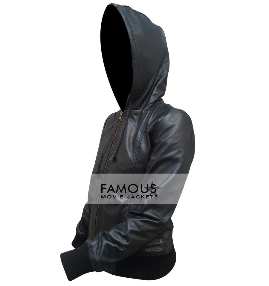 Women Black Bomber Hooded Jacket