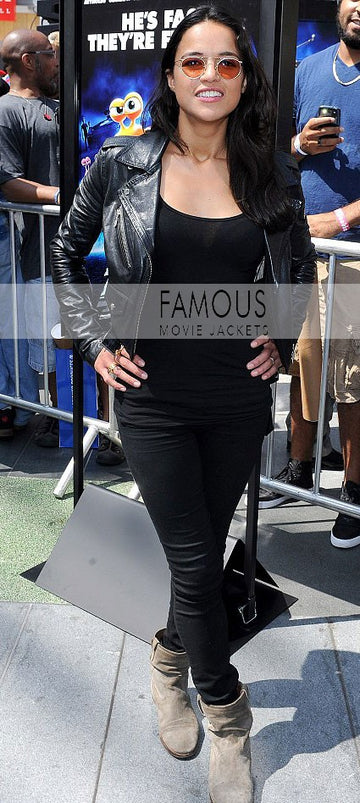 Turbo Press Event Michelle Rodriguez Black Brando Jacket