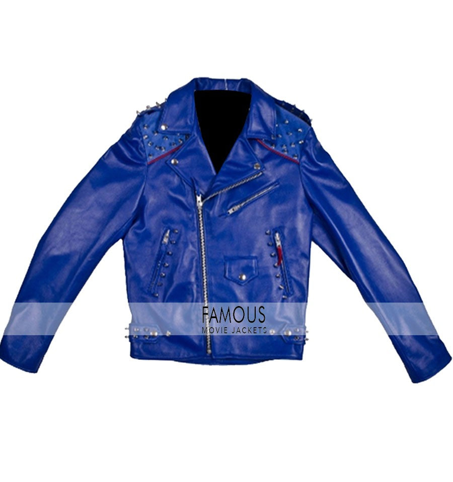 Rita Ora Blue Studded Motorcycle Leather Jacket