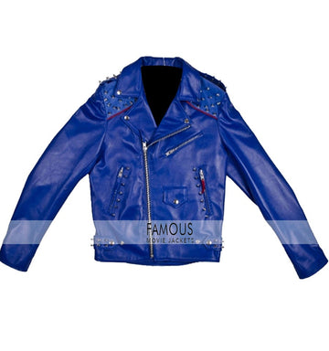 Rita Ora Blue Studded Motorcycle Leather Jacket