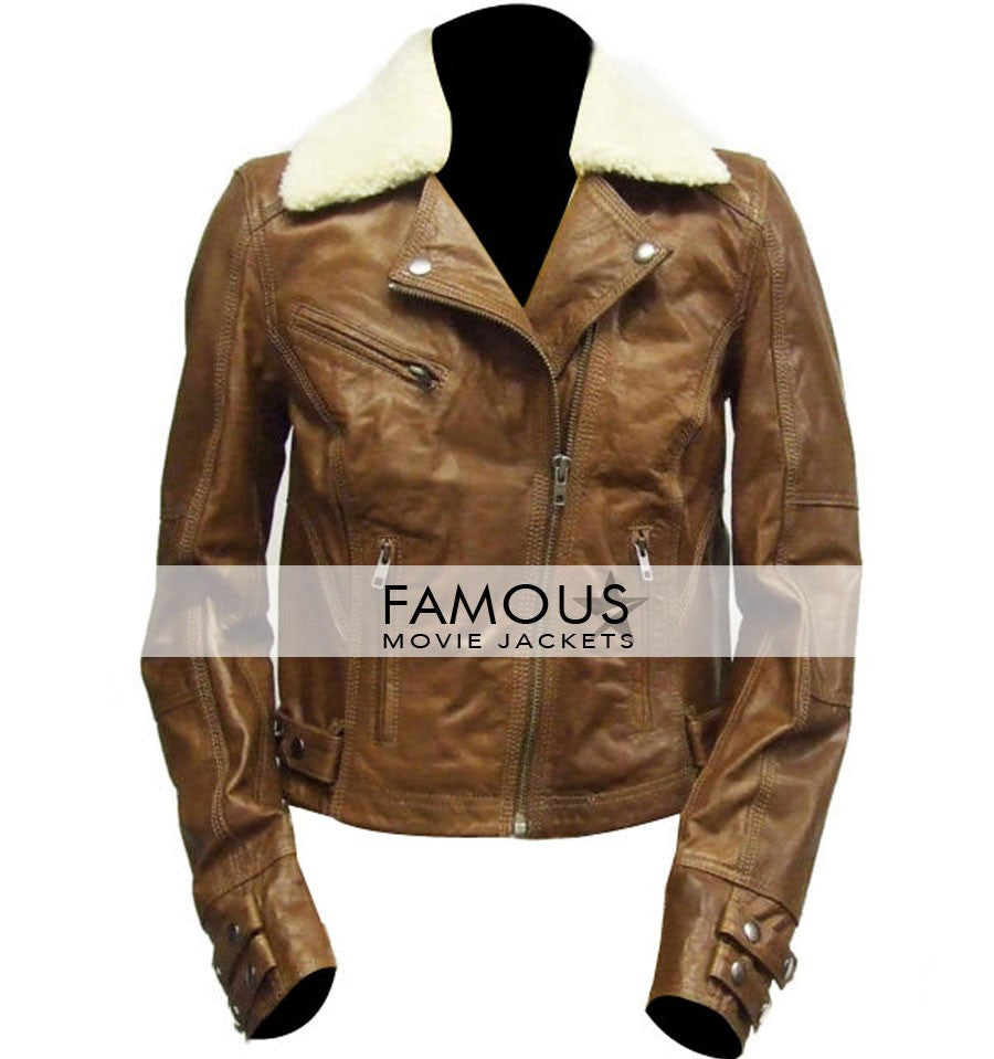 Women Fur Collar Brown Biker Jacket