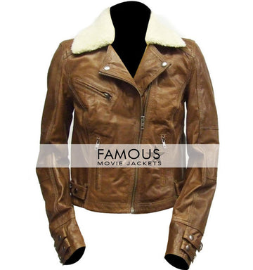 Women Fur Collar Brown Biker Jacket