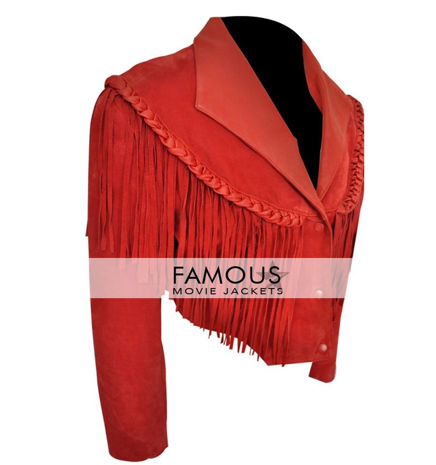 Women Suede Fringe Red Biker Jacket