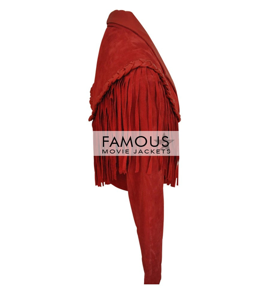 Women Suede Fringe Red Biker Jacket