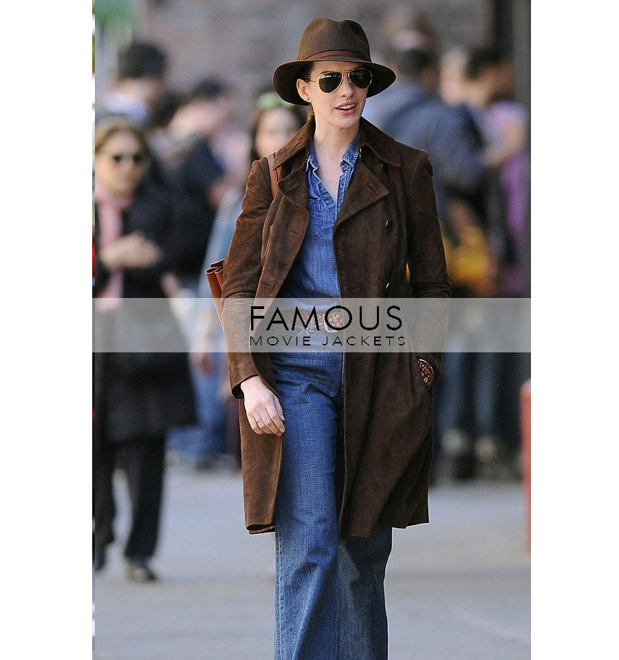 Anne Hathaway Brown Suede Trench Long Coat in Newyork