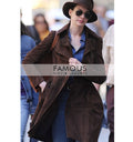 Anne Hathaway Brown Suede Trench Long Coat in Newyork