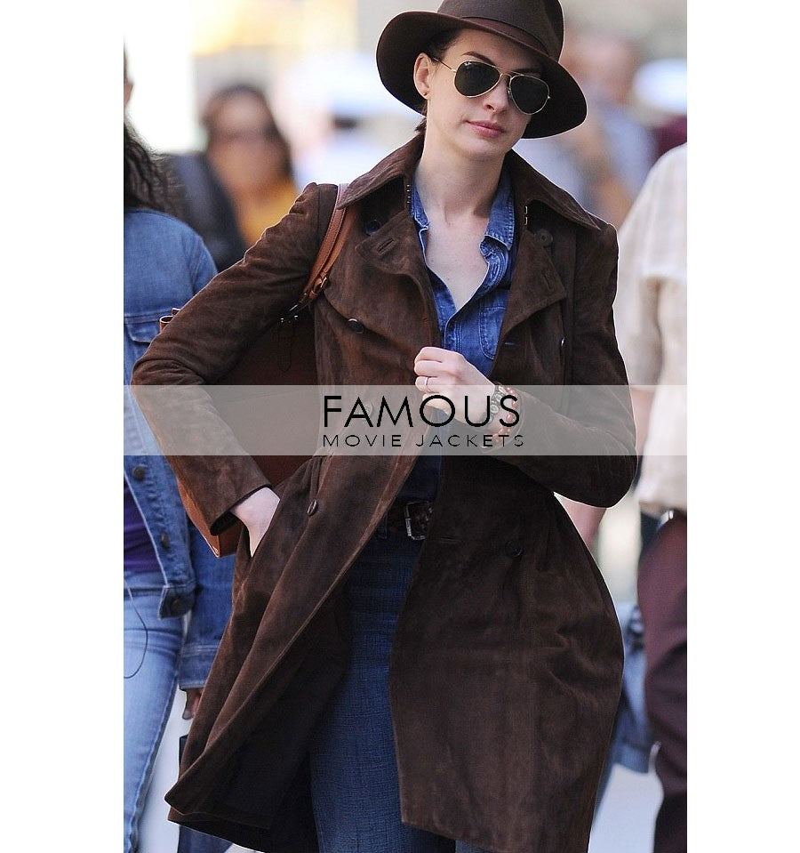 Anne Hathaway Brown Suede Trench Long Coat in Newyork