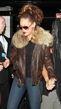 Rihanna Brown Fur Collar Belted Leather Jacket