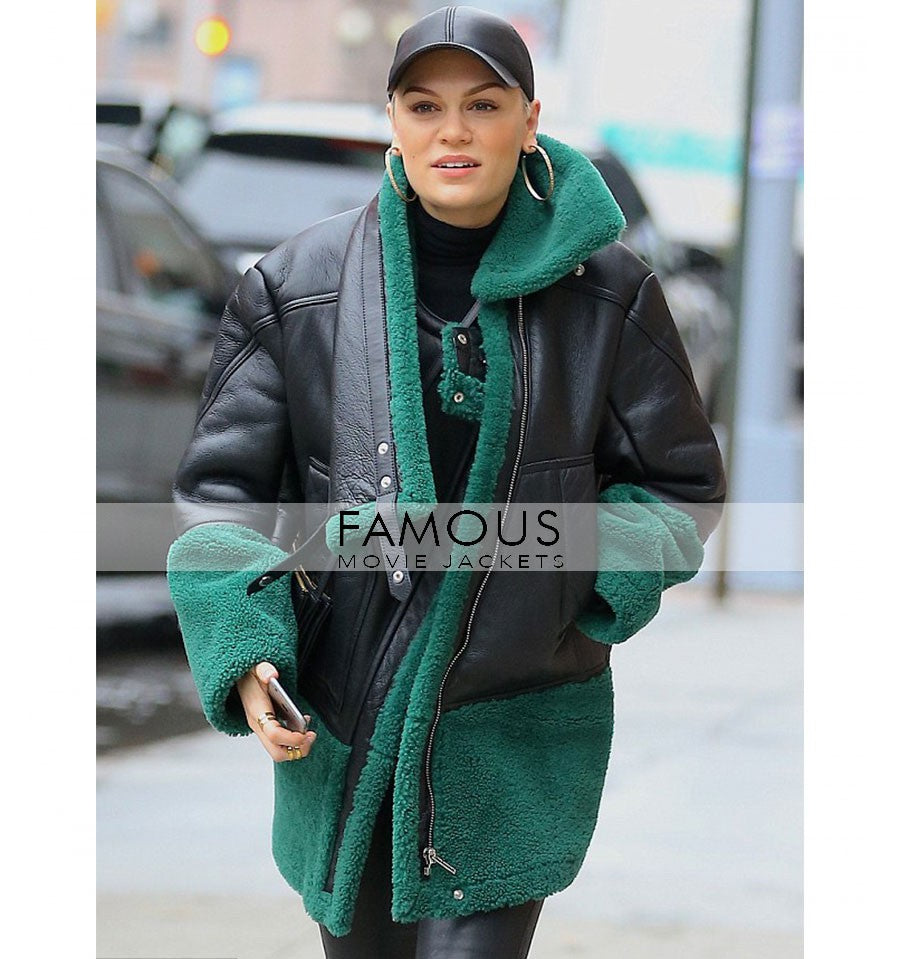 Jessie J Dons Shearling Green Jacket