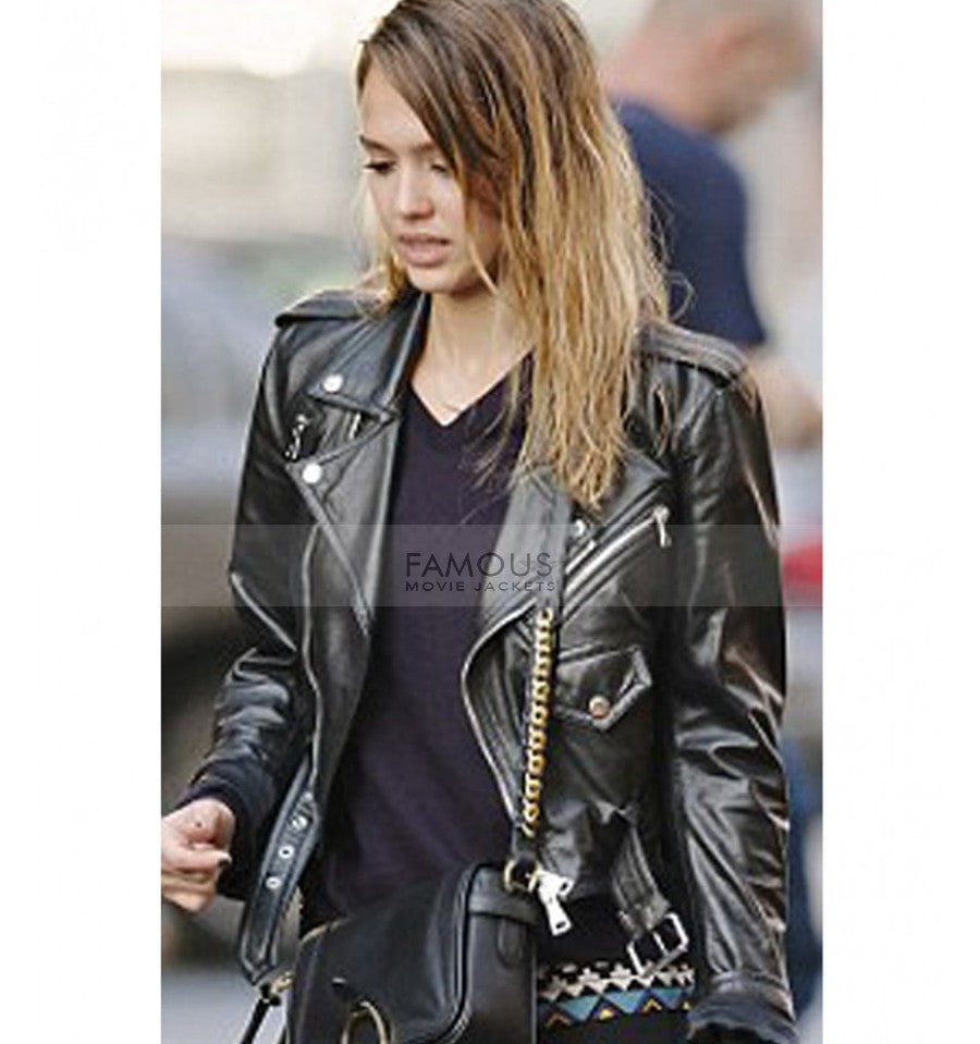 Jessica Alba Black Leather Biker Jacket