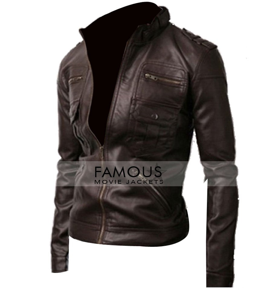 Zip Pocket Slim Fit Dark Brown Leather Jacket