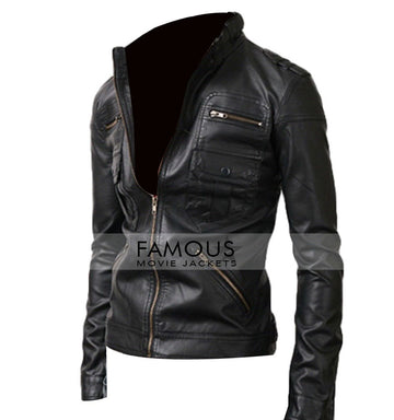 Slim Fit Zip Pocket Black Biker Leather Jacket