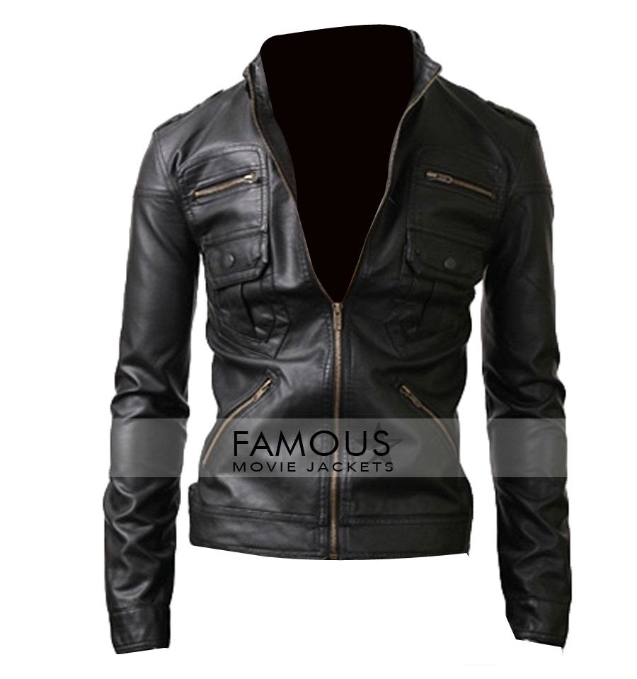 Slim Fit Zip Pocket Black Biker Leather Jacket