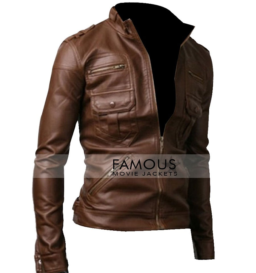 Slim Fit Zip Pocket Light Brown Motorcycle Jacket