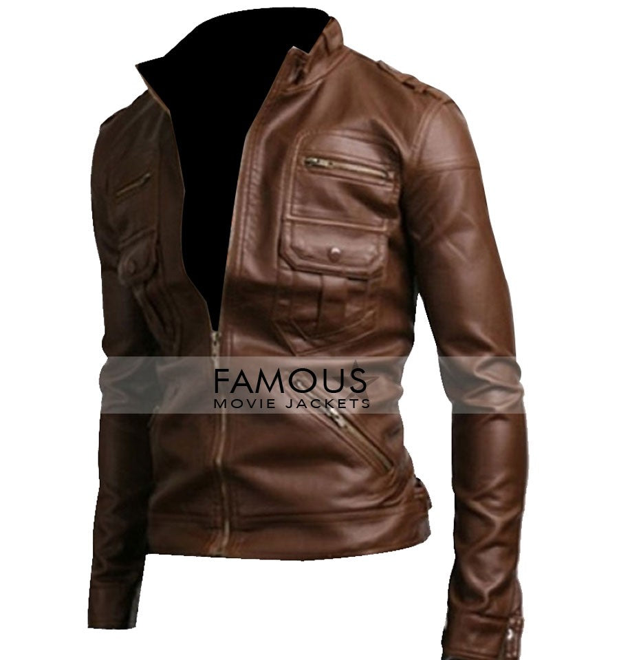 Slim Fit Zip Pocket Light Brown Motorcycle Jacket