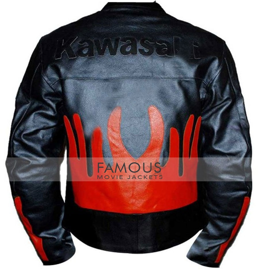 Kawasaki Black & Orange Biker Leather Jacket