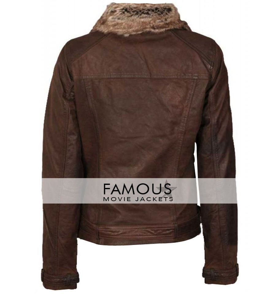 Women Slimfit Fur Collar Brown Belted Jacket