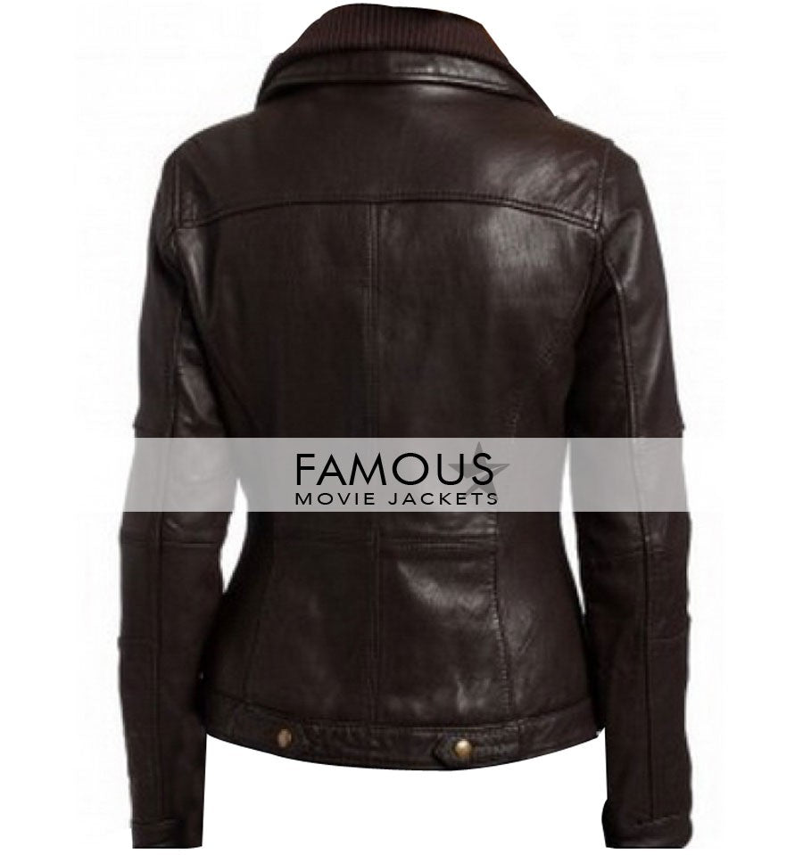 Women Double Collar Brown Bomber Leather Jacket