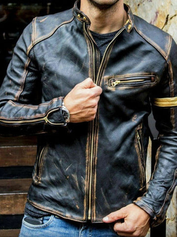 Men Vintage Cafe Racer Motorcycle Distressed Leather Jacket