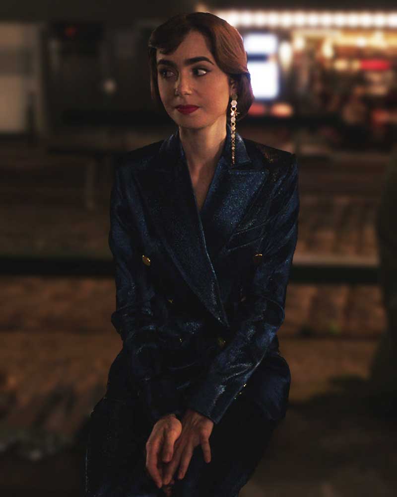 Emily In Paris S03 Emily Cooper Velvet Blue Blazer 1