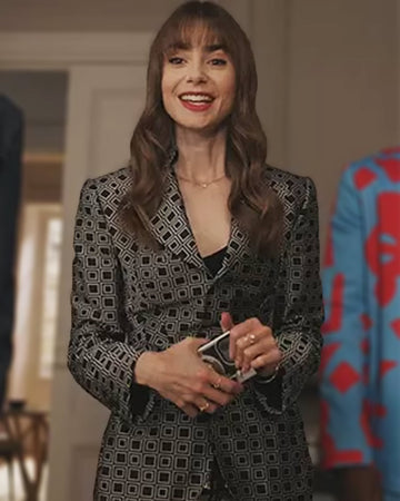 Emily in Paris Lily Collins Geometric Print Grey Blazer