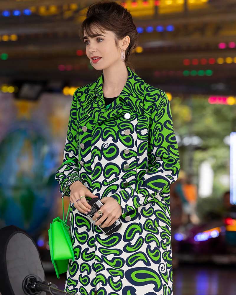 Emily in Paris S03 Emily Cooper Green Printed Coat