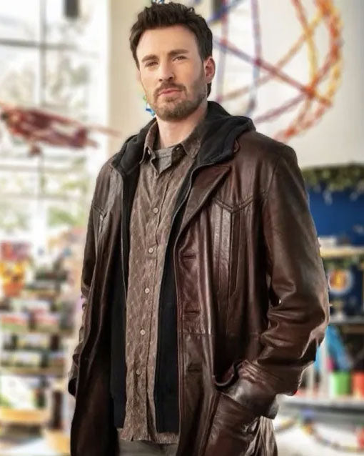 Red One 2023 Chris Evans Brown Leather Coat