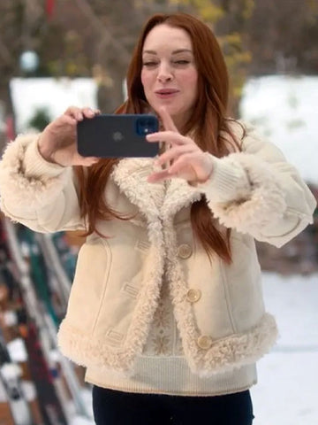 Lindsay Lohan Falling For Christmas 2022 Shearling Jacket