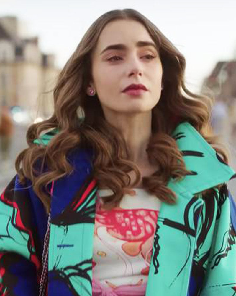 Emily In Paris S02 Lily Collins Blue Printed Coat