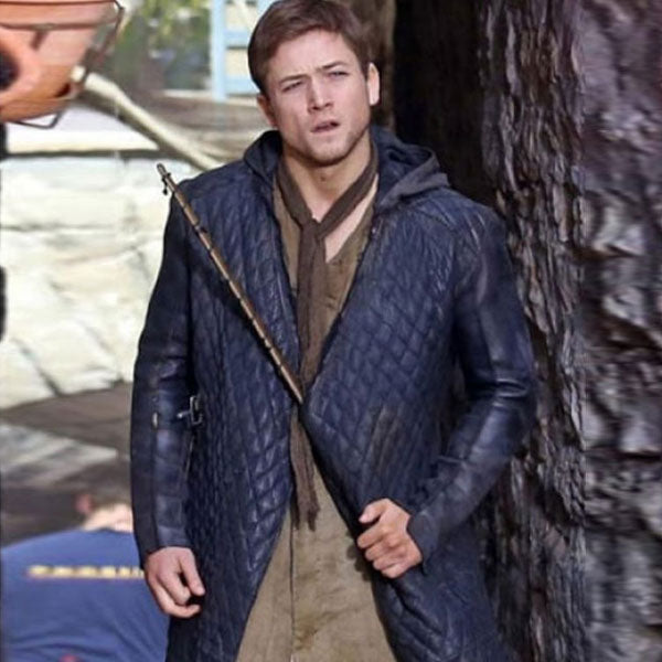 Robin Hood Taron Egerton Quilted Hoodie Black Leather Coat