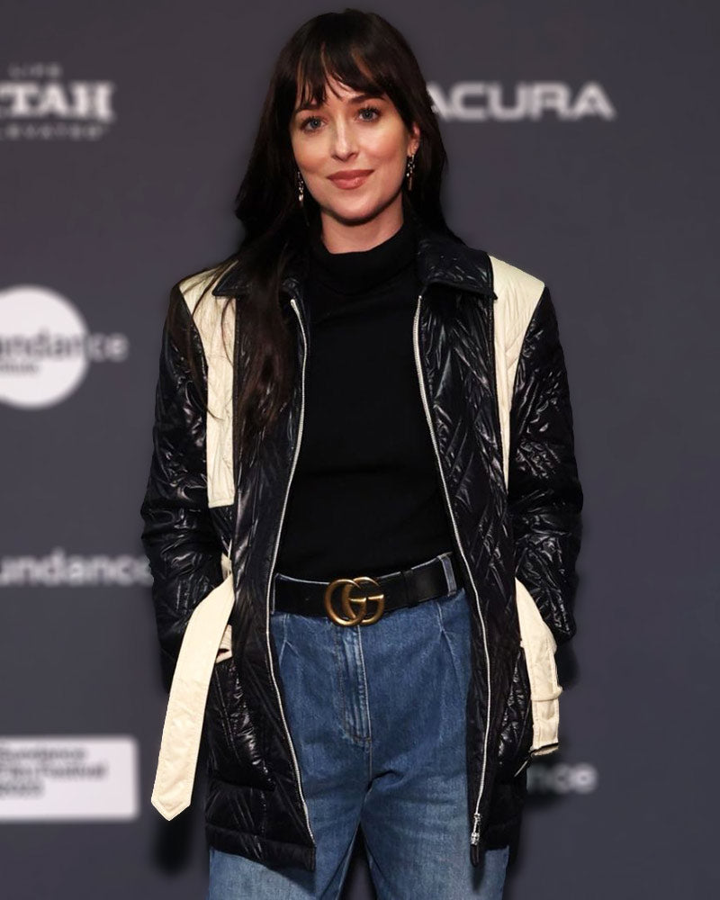 Sundance Film Festival 2023 Dakota Johnson Belted Matelassé Jacket