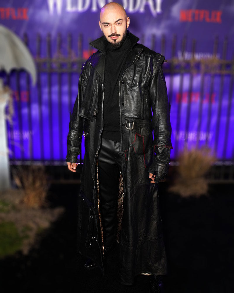 Wednesday 2022 Victor Dorobantu Black Leather Coat 1